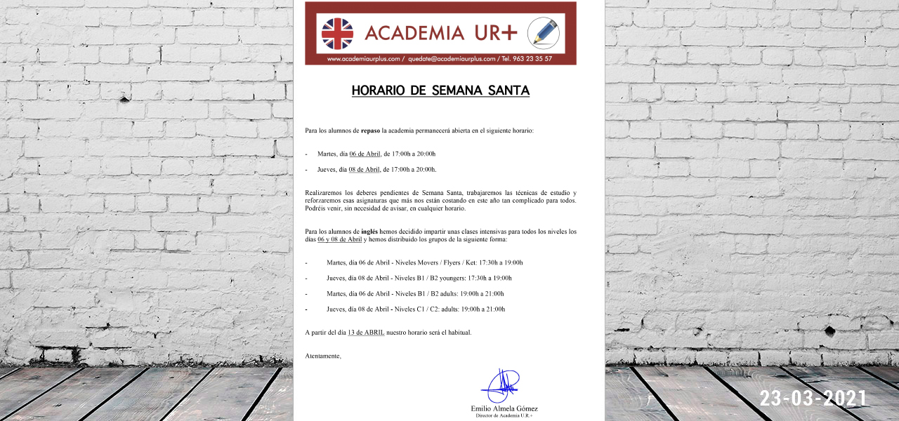 Horario Academia UR+ Semana Santa 2021