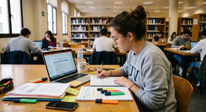 Estudiante de Magisterio preparando el baremo de méritos de las oposiciones en la biblioteca de la Universitat de València