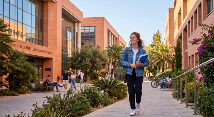 Estudiante universitaria consultando los requisitos de inglés para graduarse en Valencia