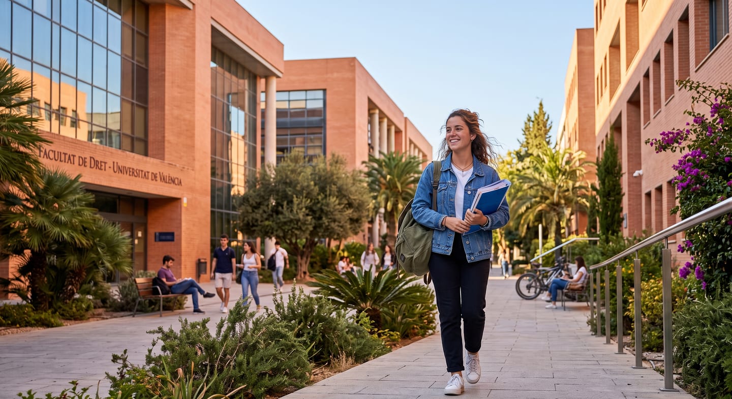 Estudiante universitaria consultando los requisitos de inglés para graduarse en Valencia